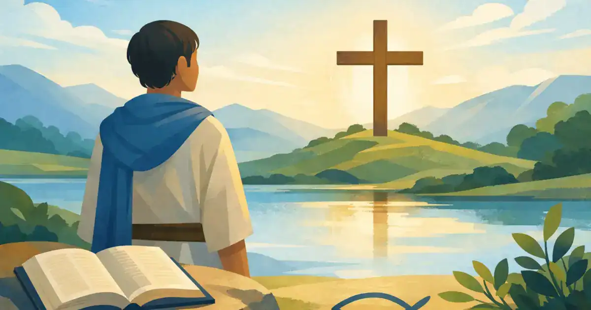 Ilustração de uma pessoa contemplando uma cruz sobre uma colina, com uma Bíblia aberta em primeiro plano.