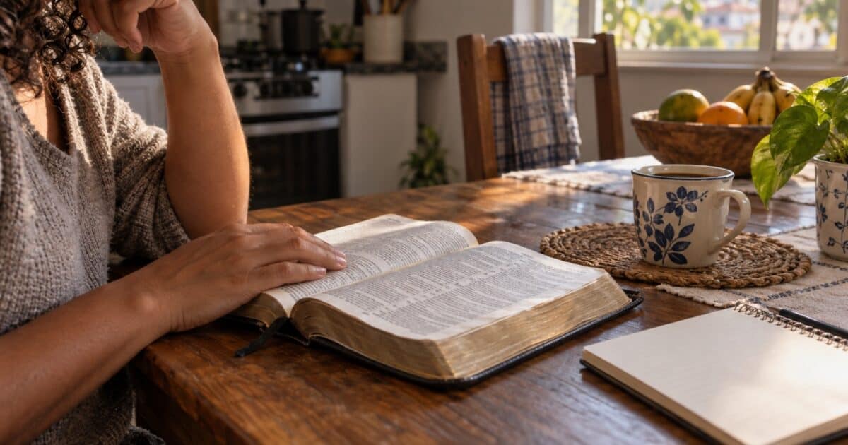 Bíblia aberta e caderno sobre uma mesa, em um momento de leitura para aplicar a Bíblia no dia a dia.