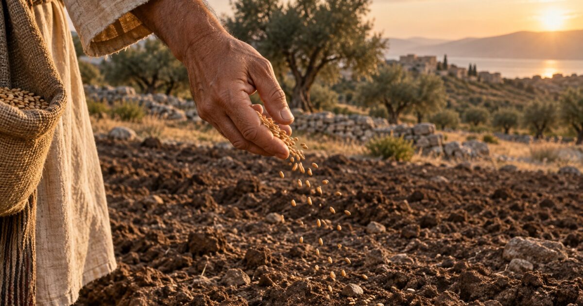 Mão de um semeador lançando grãos na terra, em ilustração realista das parábolas de Jesus