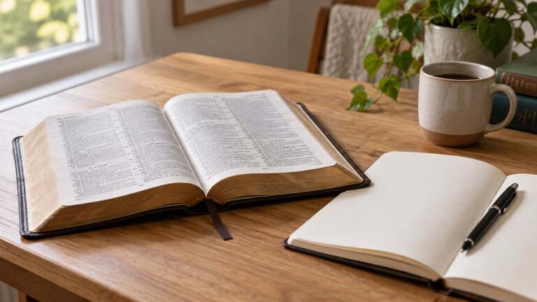 Bíblia aberta sobre uma mesa, ao lado de um caderno e uma caneta.