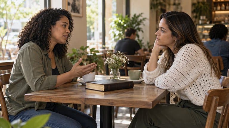 Duas mulheres conversam com respeito, ilustrando perdão na Bíblia e reconciliação