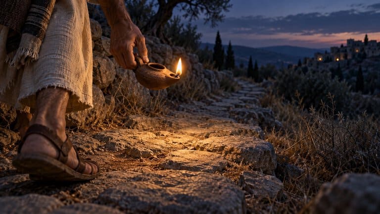 Lamparina ilumina os próximos passos de um caminho, ilustrando a palavra é lâmpada