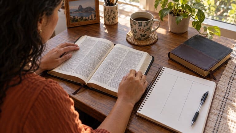 Mulher com Bíblia aberta e caderno para estudar a palavra de Deus