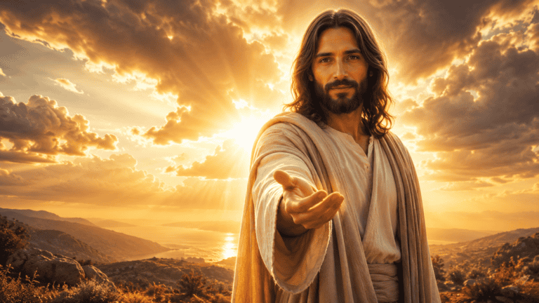 Jesus estende a mão sob um céu dourado, nas reflexões Mensagem de Jesus antes de dormir, Sinal de Jesus e Fala de Deus.