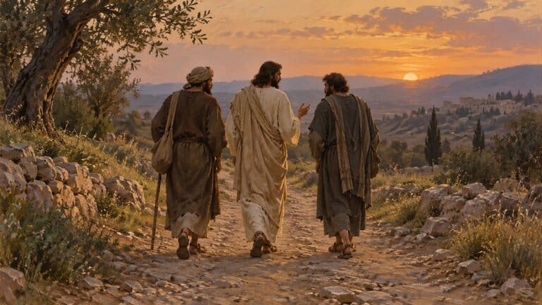 Ilustração de Jesus caminhando com dois discípulos de Emaús por uma estrada ao entardecer.
