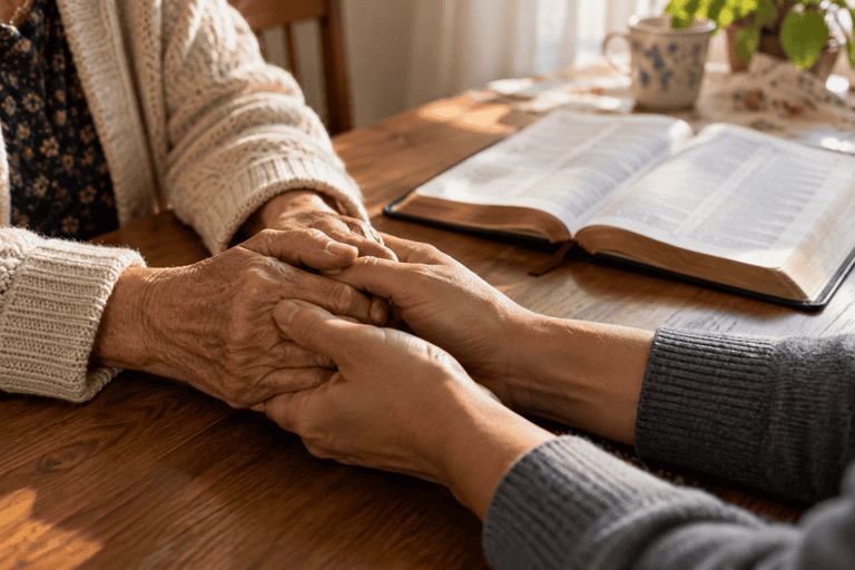 Pessoa acolhe as mãos de uma idosa junto à Bíblia, simbolizando o amor de Deus