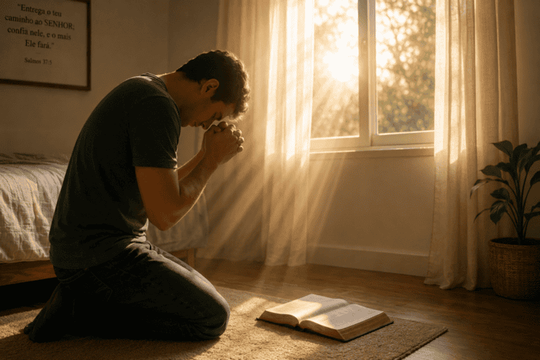 Pessoa de joelhos orando em frente a uma janela com raios do sol. O que Significa o Termo 'Renovação Espiritual'?