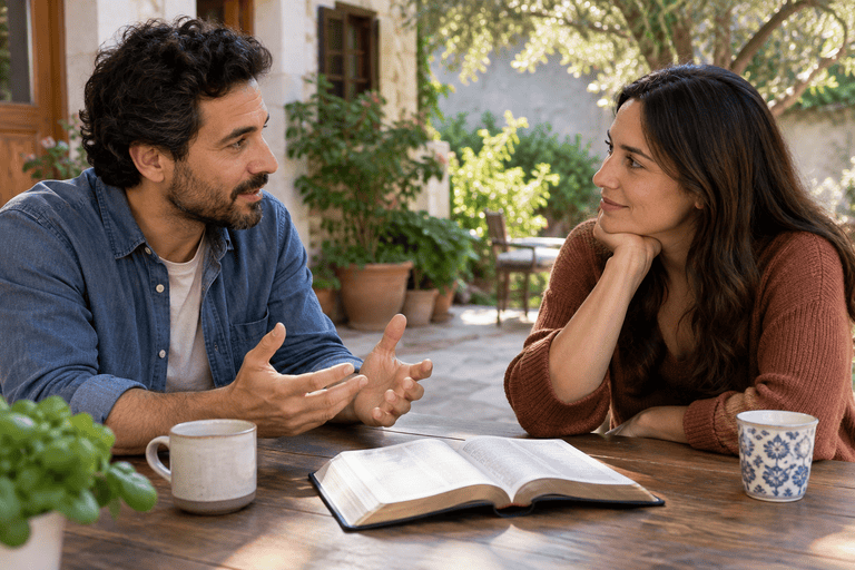 Duas pessoas conversam com respeito sobre como superar ofensas, com uma Bíblia sobre a mesa