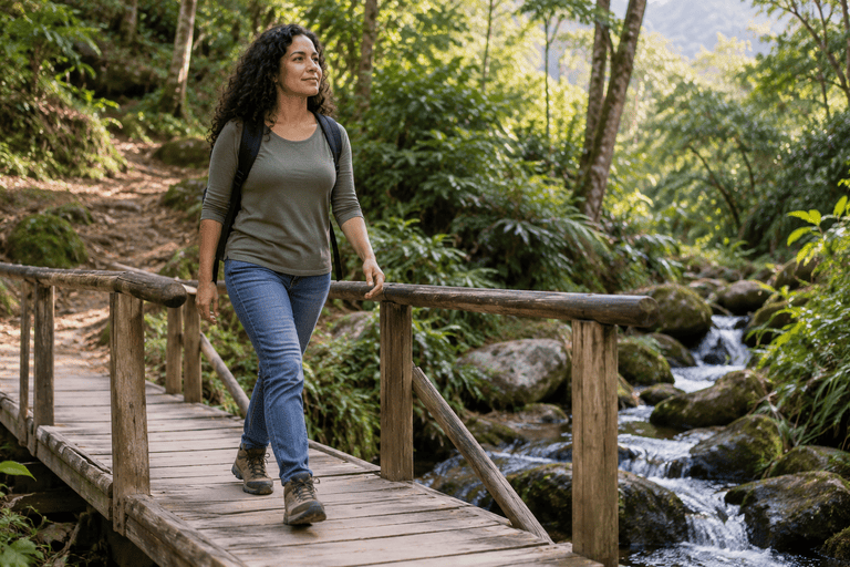 Mulher atravessando uma ponte segura em trilha, ilustração do estudo sobre coragem na Bíblia