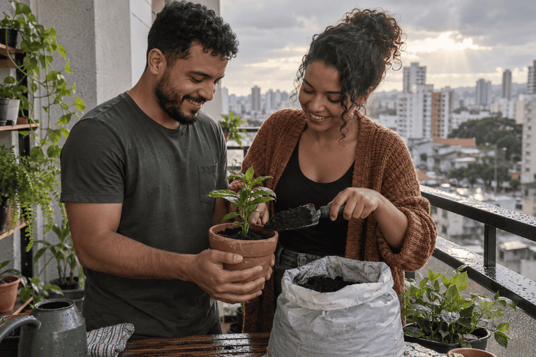 Duas pessoas cuidando de uma planta na varanda, imagem sobre esperança espiritual