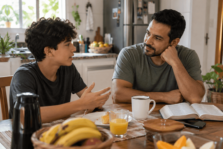 Pai escutando o filho à mesa, exemplo de como a fé transforma a vida cotidiana