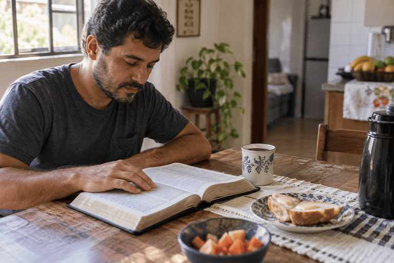 Homem lê a Bíblia pela manhã para fortalecer a fé no dia a dia