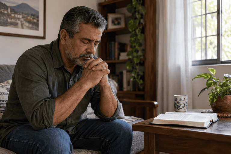 Homem de olhos fechados em oração nas dificuldades, com uma Bíblia ao lado