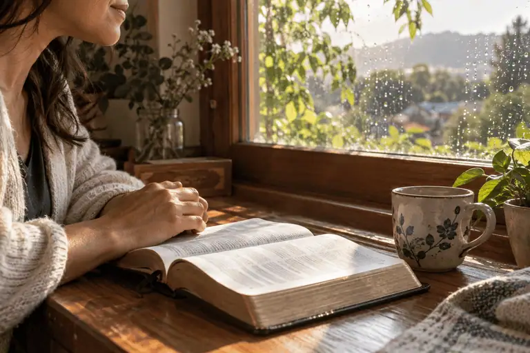 Mãos de uma mulher sobre a Bíblia aberta durante a leitura das promessas de Deus para cada dia