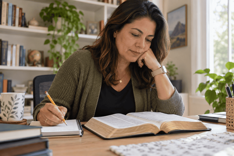 Mulher com Bíblia aberta e caderno ao estudar como interpretar os Salmos