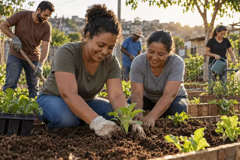 Voluntárias cuidam de uma horta comunitária, exemplo de viver com propósito e servir ao próximo