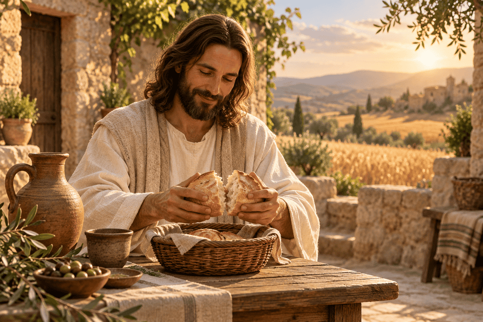 Providência divina: Jesus parte um pão sobre uma cesta em uma mesa simples, com campos de trigo ao fundo.