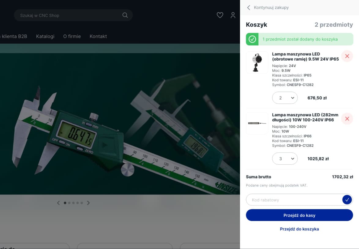 Zrzut ekranu pokazujący kompaktowy koszyk sklepu