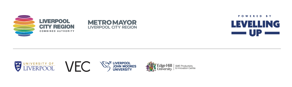 Liverpool City Region Combined Authority and Metro Mayor, Funded by Levelling Up, University of Liverpool, Virtual Engineering Centre, Liverpool John Moores University and Edge Hill University SME Productivity and Innovation Centre Logos