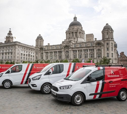 Momentum vans and technicians in various locations around Liverpool.