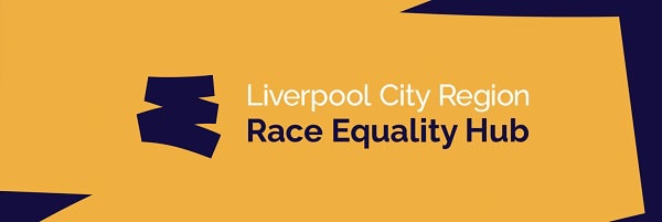 Liverpool City Region Race Equality Hub logo on orange and dark blue background 