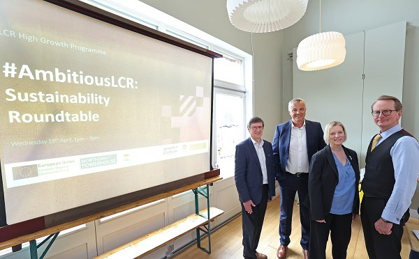 David Millar, Managing Director of local business Heap & Partners, Dr Andy Pickard, project manager of Eco-I NW at Lancaster University, Principal Environmental Officer at LCR Combined Authority, Rachel Waggett and CEO & Founder of Hyperion Cleantech Group, David Hunt at #AmbitiousLCR Sustainability Roundtable